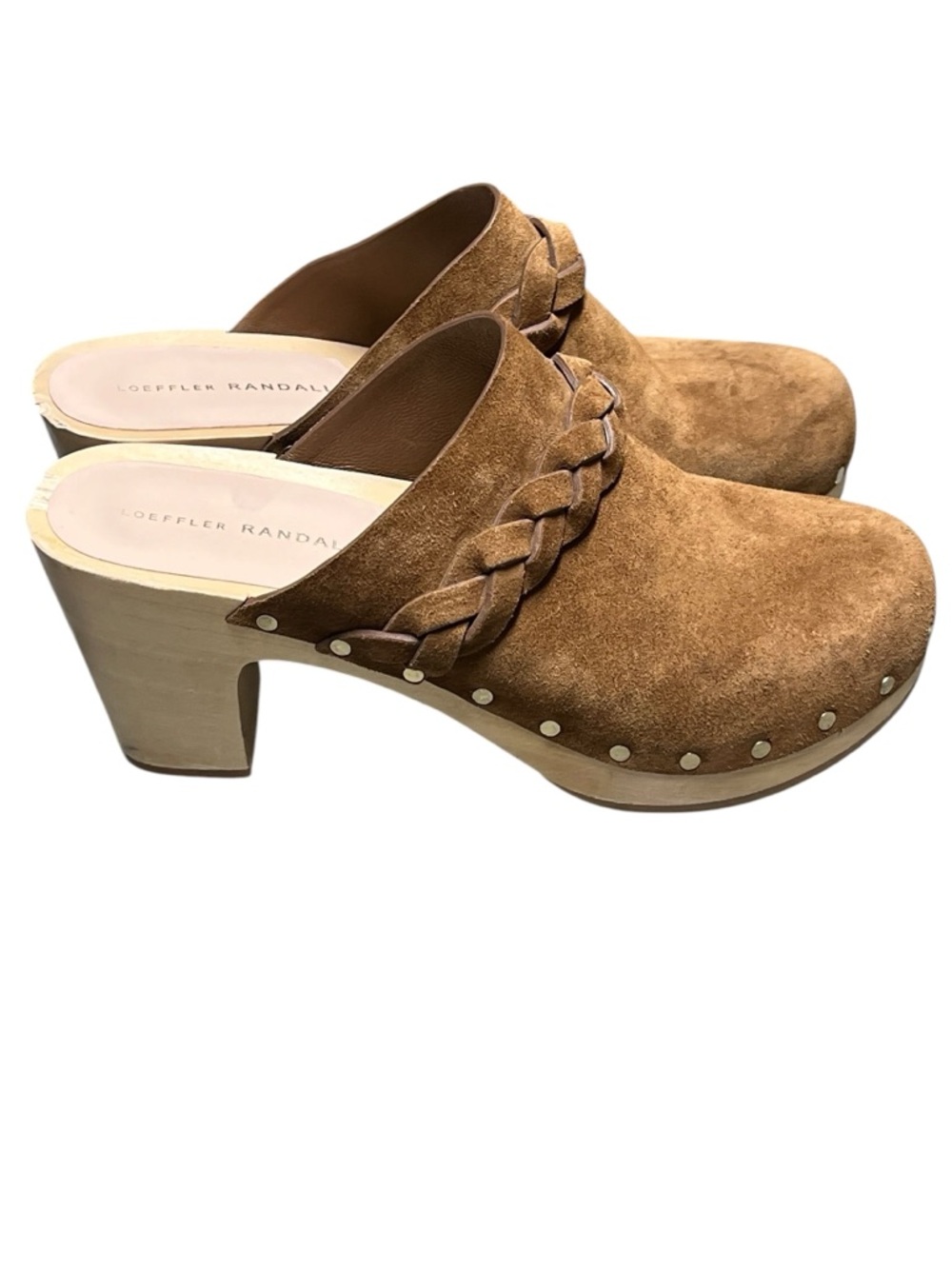 Loeffler Randall Merrill brown suede braided strap gold stud wooden clogs luxury - Picture 2 of 12